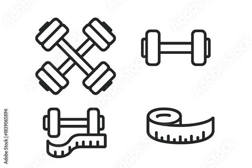 Set of fitness equipment icons featuring dumbbells and measuring tape