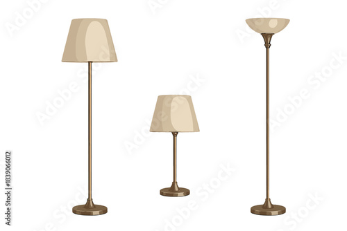 Collection of traditional bronze floor and table lamps with beige shades