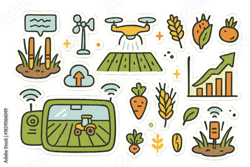 Set of icons for smart farming technology and agricultural automation