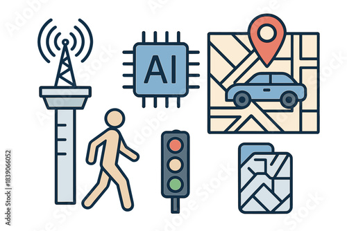 Modern urban infrastructure icons for navigation and digital communication systems
