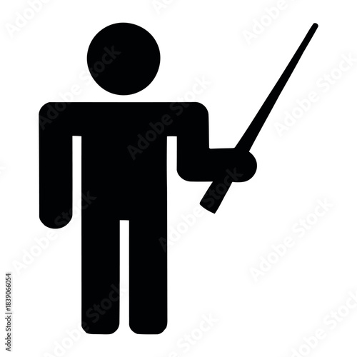 Teacher presenter icon silhouette with pointer stick for education, training, instruction, classroom, seminar, learning, professional teaching concept illustration