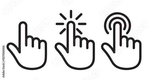 Hand click cursor line icons. Mouse pointer set with burst and tap ripple effects.
