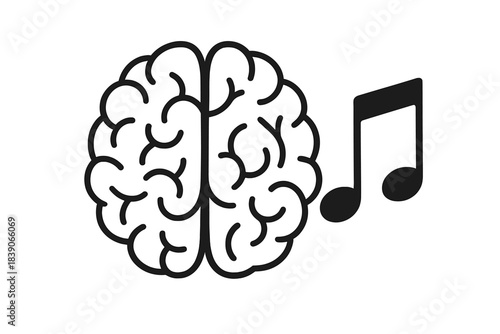 Outline of human brain next to musical note symbol