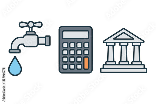 Water utility billing calculation and banking service concept icons