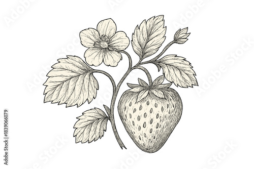 Vintage style strawberry plant with ripe fruit and blossom
