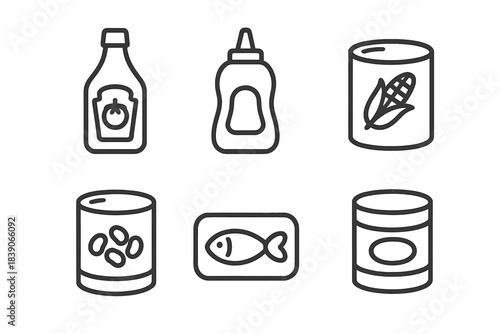 Six common pantry food containers and condiments outline icons