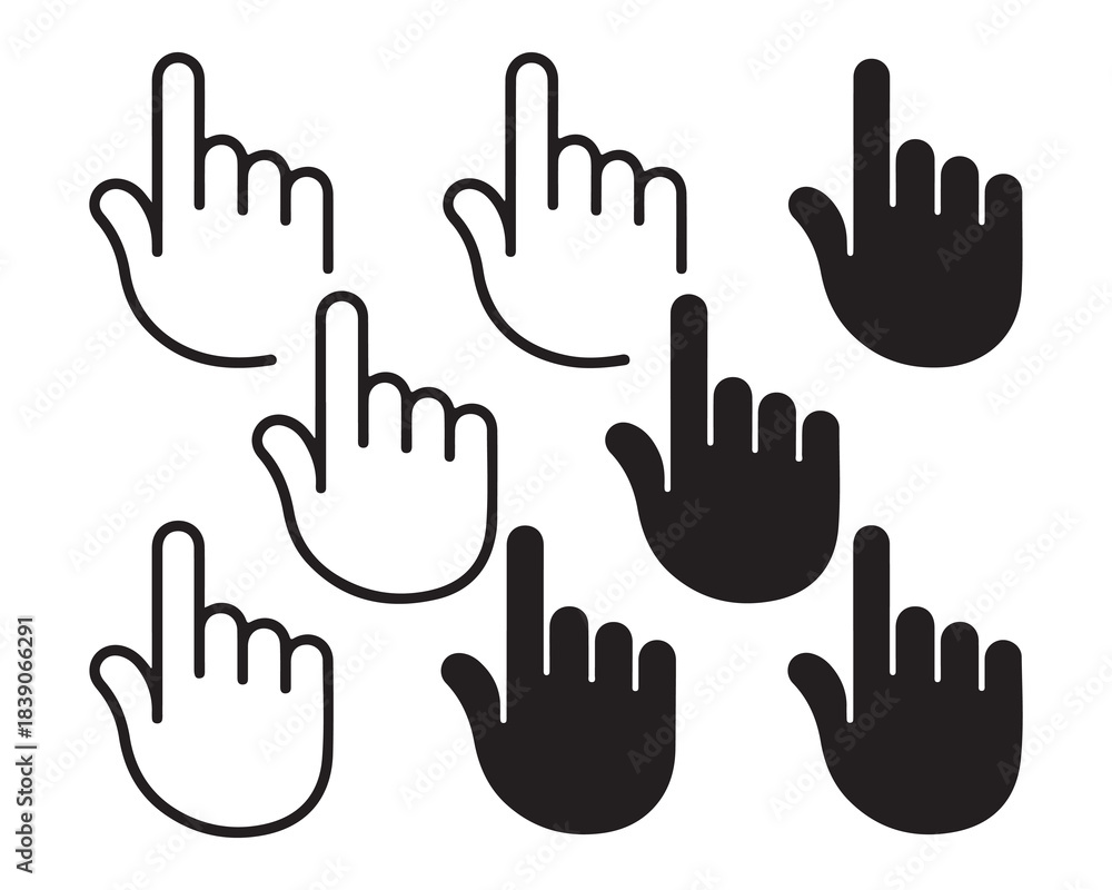 Obraz premium Hand click cursor icons. Solid and outline mouse pointer set. 