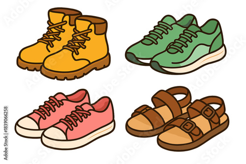 Assortment of four pairs of casual footwear including boots, sneakers, and sandals