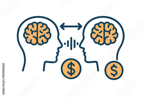 Two people exchanging financial ideas with currency symbols