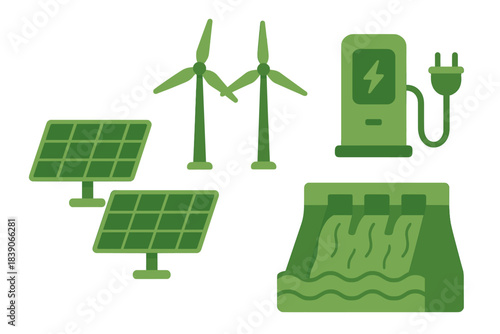 Renewable energy sources icons set featuring solar panels wind turbines and hydroelectric dam