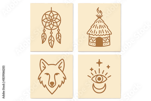 Bohemian tribal symbols set featuring dreamcatcher wolf hut and mystic eye icons