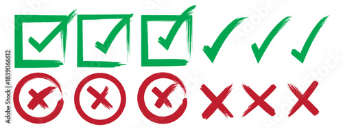 Grunge checkmark design. Check tick mark icon set. Cross box x check mark checkbox v list vector draw hand drawn sketch doodle brush marker checklist symbol wrong right circle. Vector Illustration,
