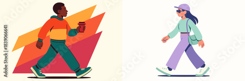 Two stylish individuals walking in urban setting with coffee cup