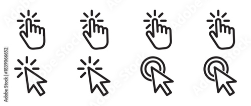 Click cursor and pointer line icons. Hand and arrow mouse symbols with burst and ripple effects.
