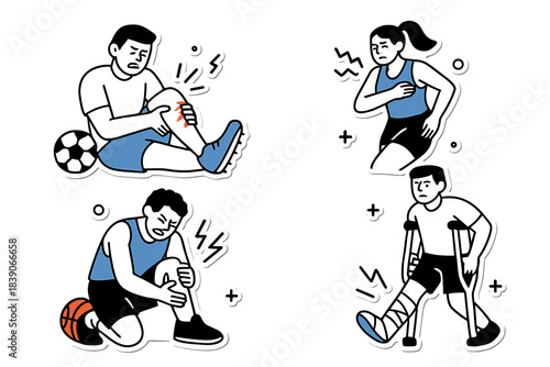 Common sports injuries and athlete discomfort illustration