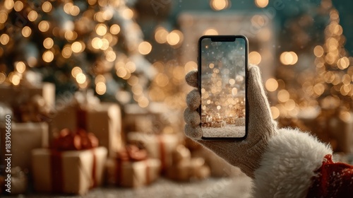 Santa hand holding mobile phone with empty screen in christmas day,holiday shopping online,light background,smartphone,banner sale gifts,Blank white screen,Mockup.