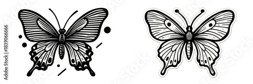 Stylized vector illustrations of two butterflies in black and white