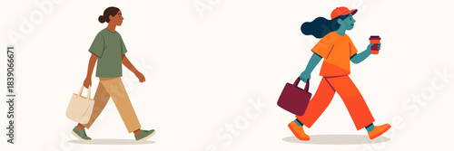 Women walking in urban setting with bags and coffee cups