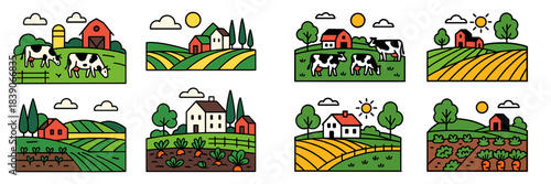Vector illustration of rural farmland with cows and crops