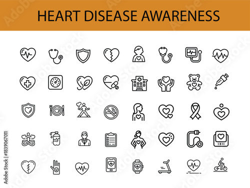 Heart Disease Awareness Icons Set With 40 Symbols For Health And Cardiology vector illustration