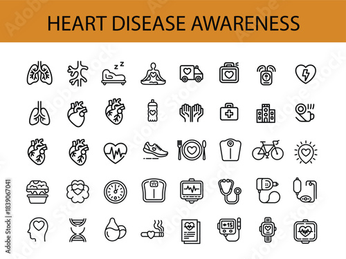 Heart Disease Awareness Icons Set With 40 Symbols For Health And Cardiology vector illustration