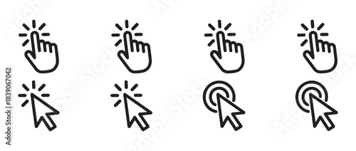 Click cursor and pointer line icons. Hand and arrow mouse symbols with burst and ripple effects.
