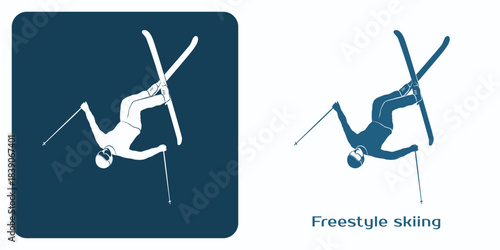 Freestyle skier high into air performing flips and spins. Emblem of freestyle skiing, extreme winter sports that combines skiing and acrobatics action. Dynamic silhouette composition in two colors.
