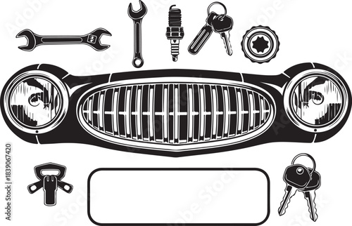 Classic car parts and vintage repair tools collection with automobile grille headlights and accessories illustration