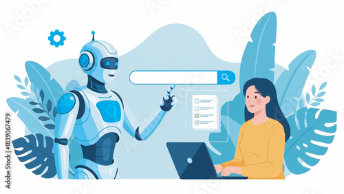 Blue AI chatbot assistant and female user interacting with search bar and laptop