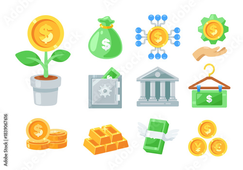 Finance, investment, and banking flat vector icon set collection, Ideal for use in business presentations, financial reports, banking apps, economic websites, and digital media projects.