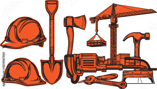 Essential construction tools and heavy machinery vector illustration for building and industry related projects