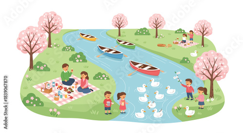 Children enjoying a day at the river with boats and ducks in a park.