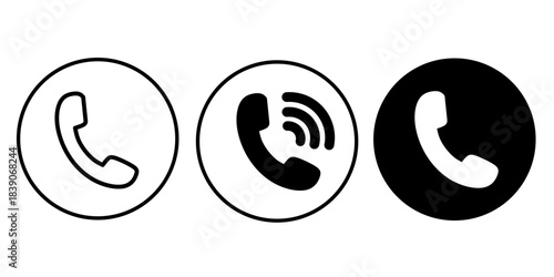 Phone call icons: outline, ringing, and solid black fill.