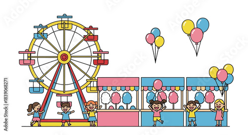 Children enjoying a fun day at the amusement park with rides and treats.