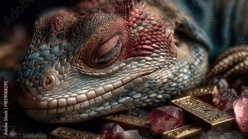 A dragon sleeping atop a pile of enchanted artifacts glowing runes warm and mystical lighting