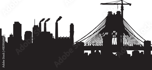 Modern urban skyline silhouette featuring industrial factories towering skyscrapers and a majestic cablestayed bridge with a crane
