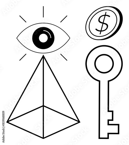Security, wealth management, knowledge, mystery, financial stability, symbolism. Eye above pyramid, a dollar coin and a key. Security and wealth management concept