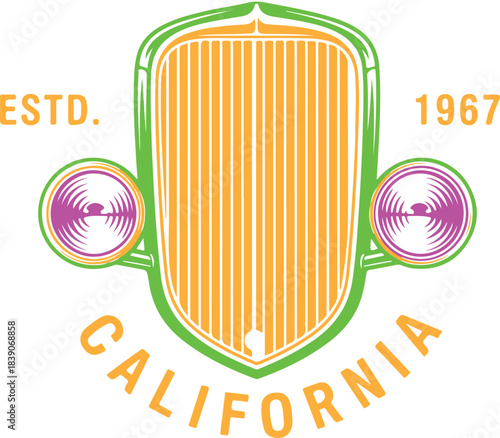 Retro vintage classic car grille and headlight graphic design with California established 1967 text