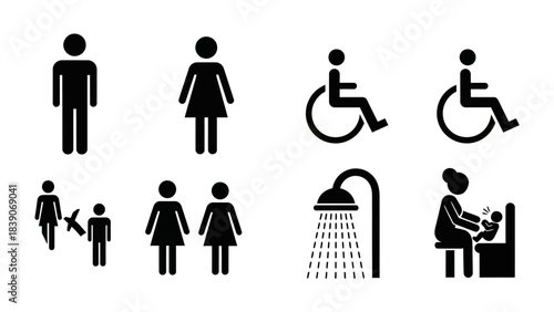 A comprehensive set of black silhouette icons depicting public facility signs for restrooms, accessibility, family, showers, and baby changing stations.