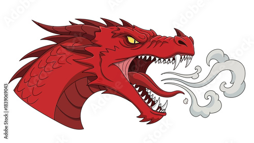 Close-up cartoon illustration of a fierce red dragon head with sharp teeth and yellow eyes, breathing out white smoke or steam from its open mouth.
