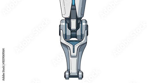 Close-up view of a futuristic robotic leg joint with white and blue accents.