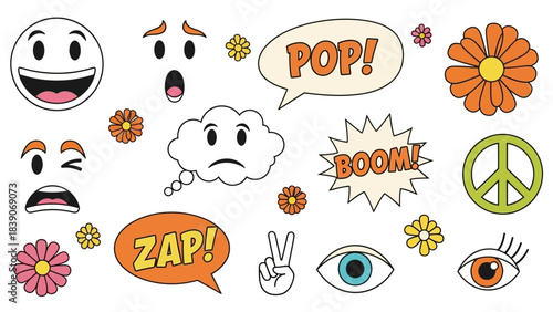 Retro pop art cartoon elements with various expressions, speech bubbles, and hippie symbols on a white background.