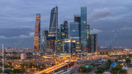 Photography Business complex of skyscrapers Moscow city day to night timelapse