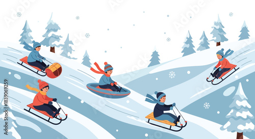 Children Enjoying Winter Fun Sledding Down Snowy Hillside.