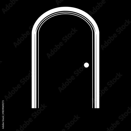 “A highly simplified, symmetrical door illustration in strict black and white, black filled door with narrow white border and a white knob, positioned above a minimal black floor line, flat and modern