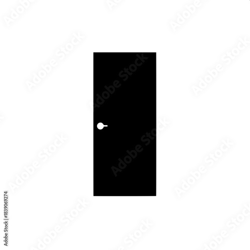 “A highly simplified, symmetrical door illustration in strict black and white, black filled door with narrow white border and a white knob, positioned above a minimal black floor line, flat and modern