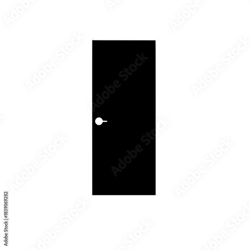 “A highly simplified, symmetrical door illustration in strict black and white, black filled door with narrow white border and a white knob, positioned above a minimal black floor line, flat and modern