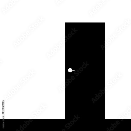 “A highly simplified, symmetrical door illustration in strict black and white, black filled door with narrow white border and a white knob, positioned above a minimal black floor line, flat and modern