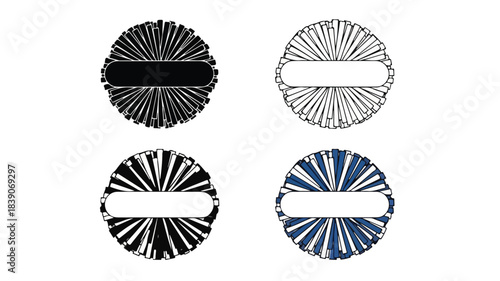 Four circular graphic designs with radiating lines in black, white, and blue on a white background.