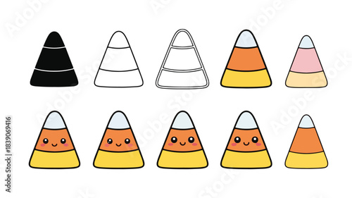 Flat lay illustration of various cartoon candy cones in different colors and designs on a white background.